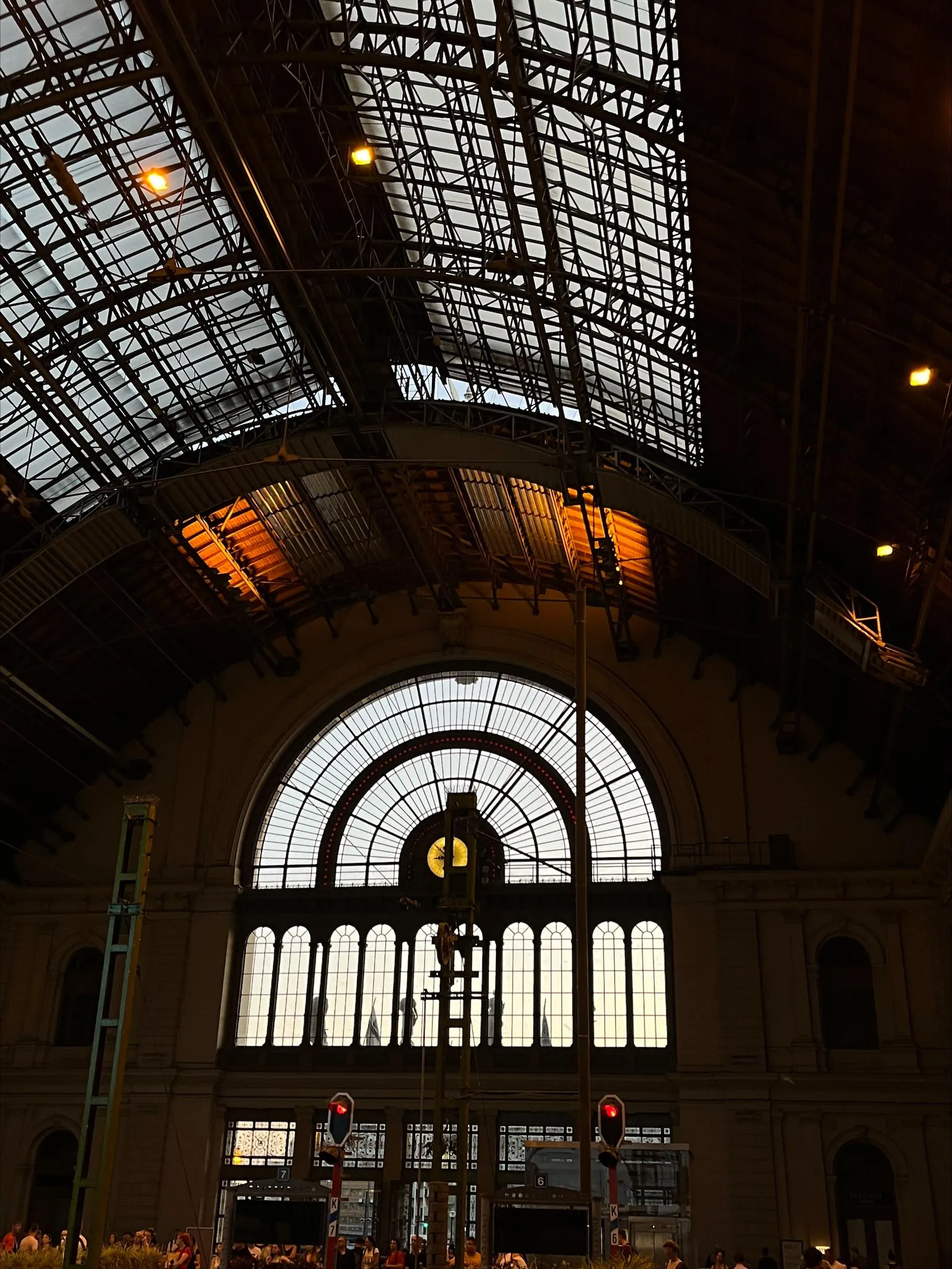 Interior view of Budapest Keleti railway station, showing the glass roof and arched window