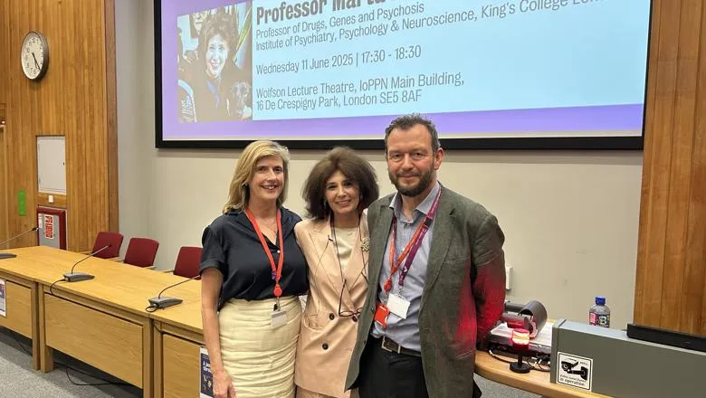 Fiona Gaughran, Marta Di Forti and Matthew Hotopf stood next to each other at the front of a lecture theatre