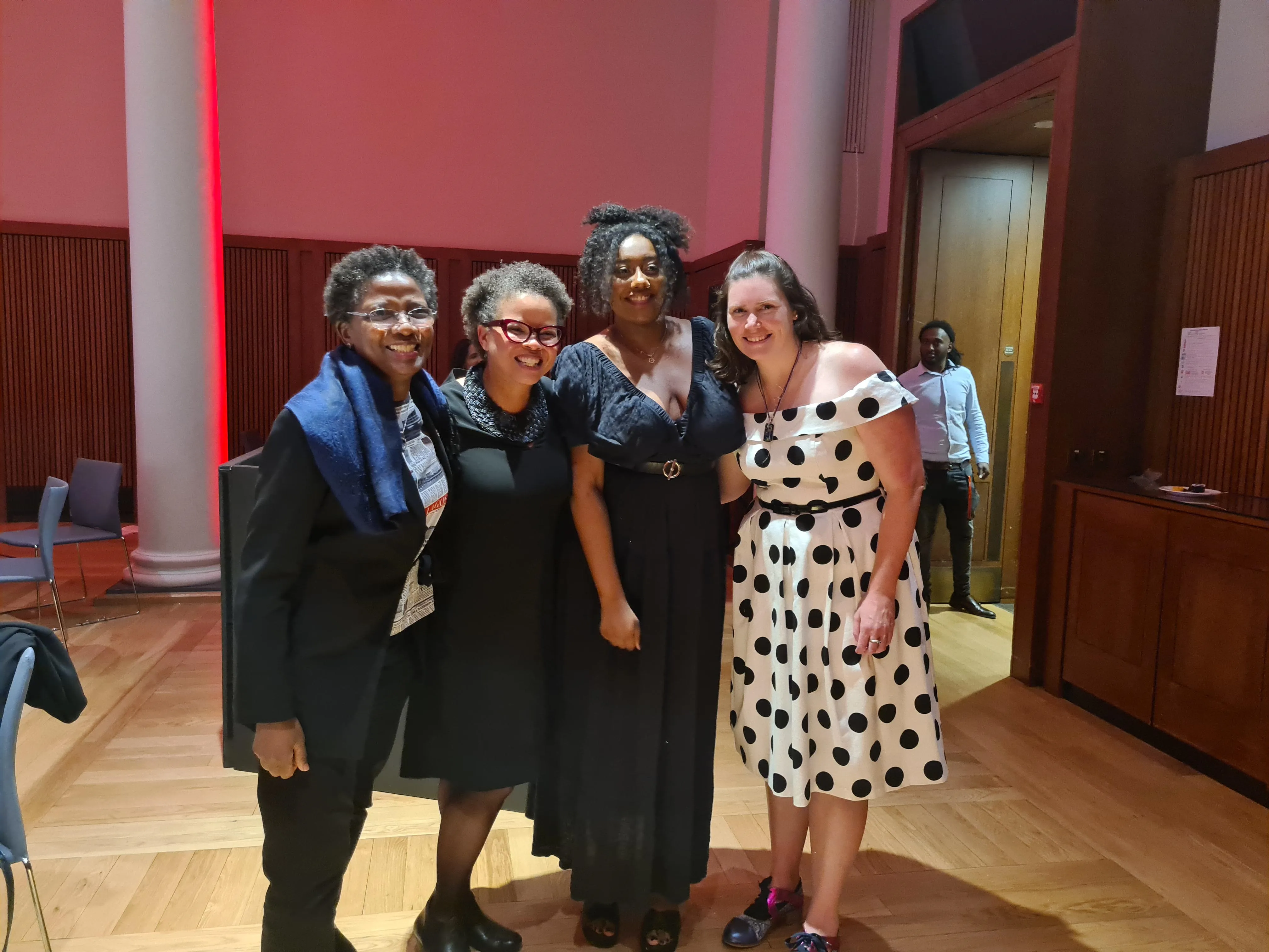 Nkasi Stoll at the King's Distinguished Alumni Awards Ceremony. Left to right: Professor Funmi Olonisakin, Professor Stephani Hatch, Nkasi Stoll, Zoe Kennedy.