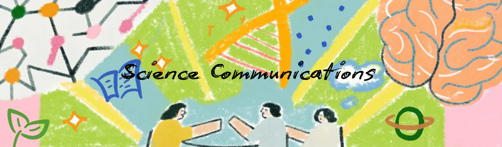 colourful illustration of DNA strand, brain, thought bubbles, neural connections and a team of three carton people