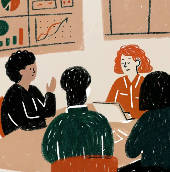 Colourful illustration of four cartoon people meeting around a table with graphs on the wall behind