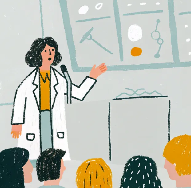 Colourful illustration of cartoon woman wearing lab coat presenting a talk to an audience
