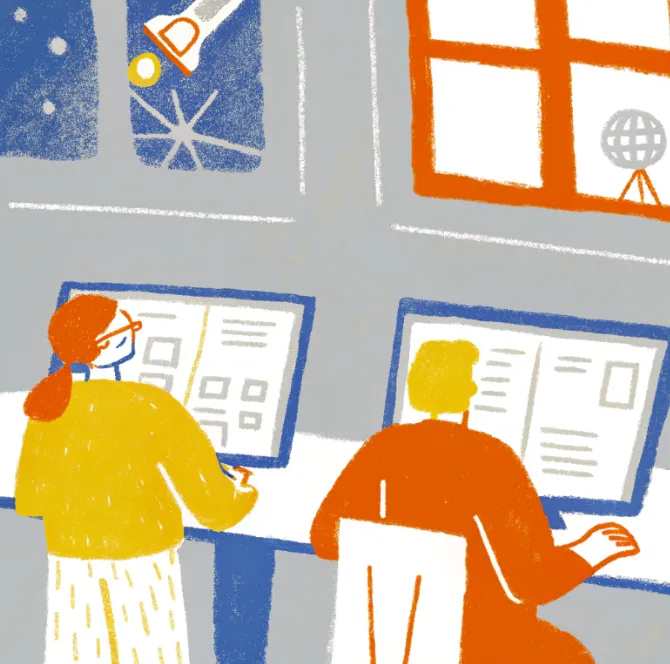 Colourful illustration of two cartoon people working on computer desktops