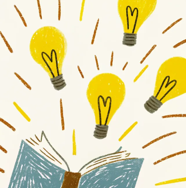 Colourful illustration of an open book with lightbulbs emerging from it
