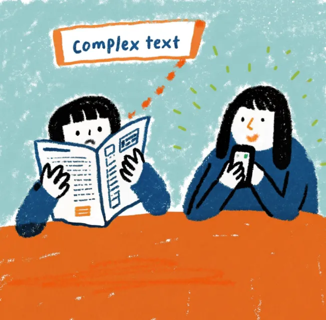 Colourful illustration of a cartoon woman reading a newspaper seated next to a cartoon woman on a phone