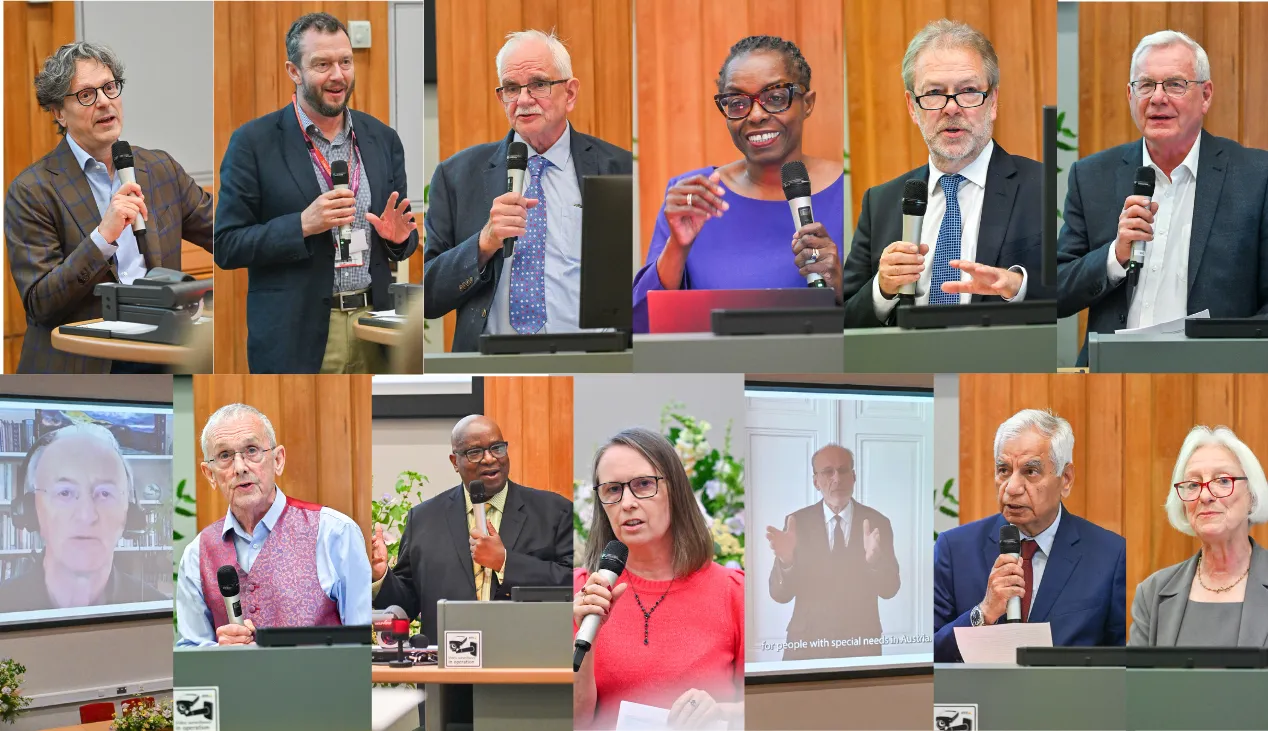 Collage of speakers of mixed genders and ethnicities holding a microphone at the lectern