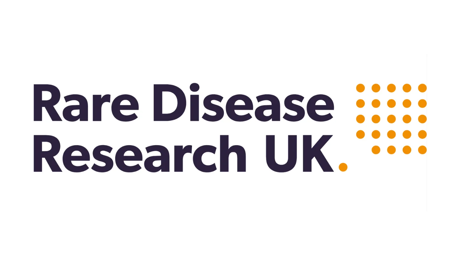 White background with navy text "Rare Disease Research UK" and orange circle pattern to the right