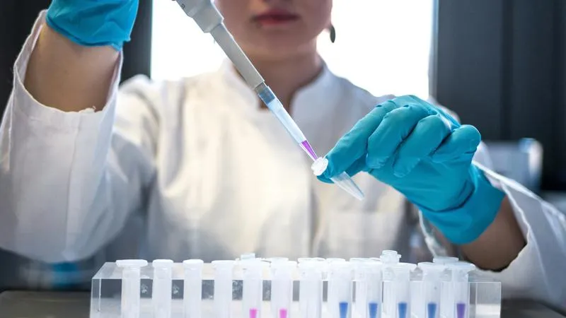 A person in medical clothes using a pipette in laboratory.
