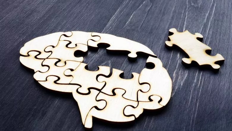 Brain jigsaw with a puzzle piece taken out and laid next to it