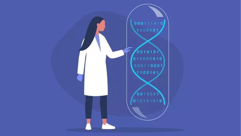 Illustration of a woman wearing a doctor's coat pointing to a gene sequence