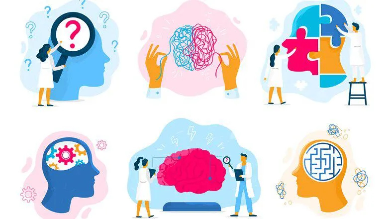 Psychiatry illustration of six images showing the brain in various forms