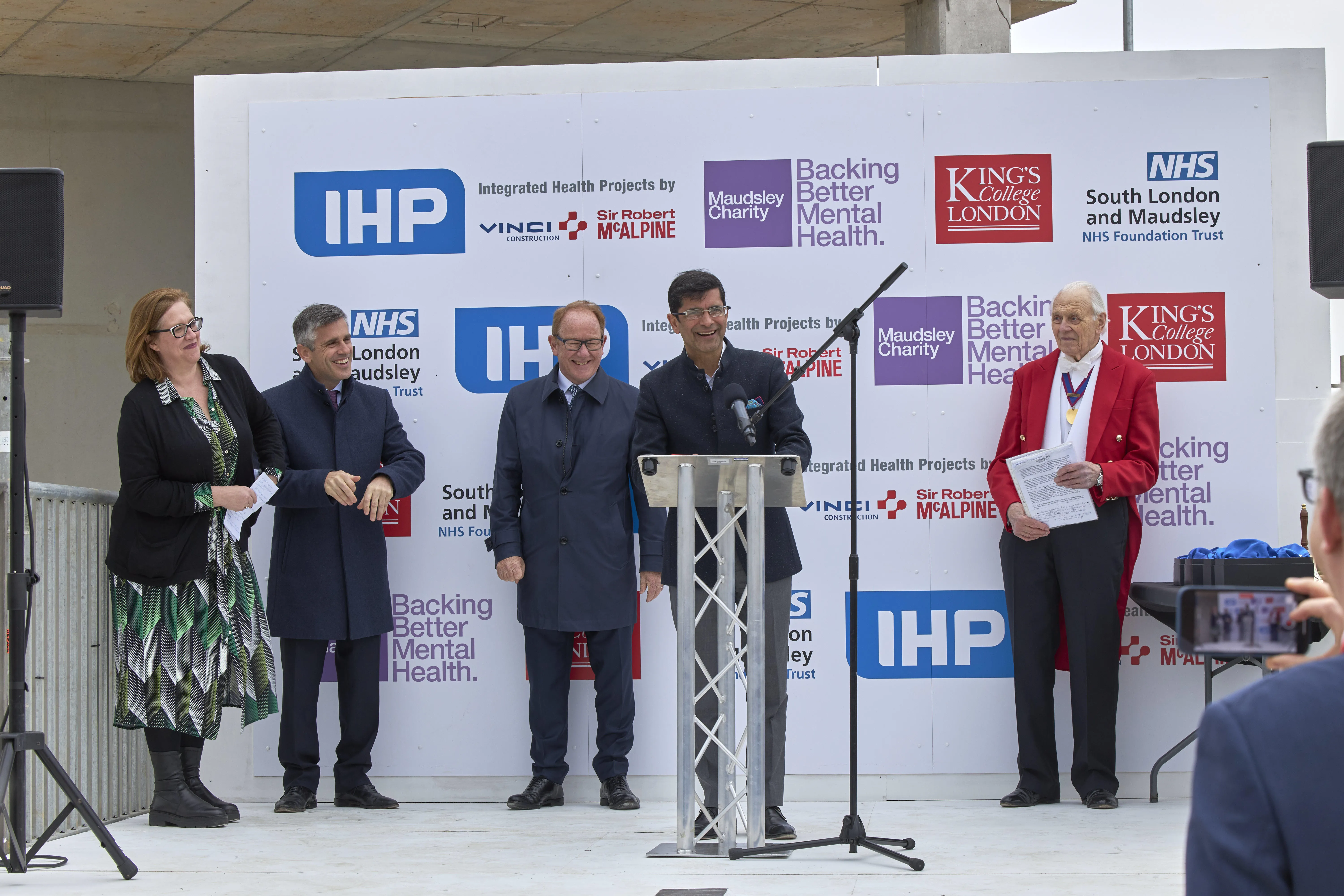 Professor Shitij Kapur, President & Principal of King's College London, spoke at the ceremony. (From left to right) Rebecca Gray,  Hector McAlpine, David Bradley, Professor Shitij Kapur, and the Master of Ceremonies.