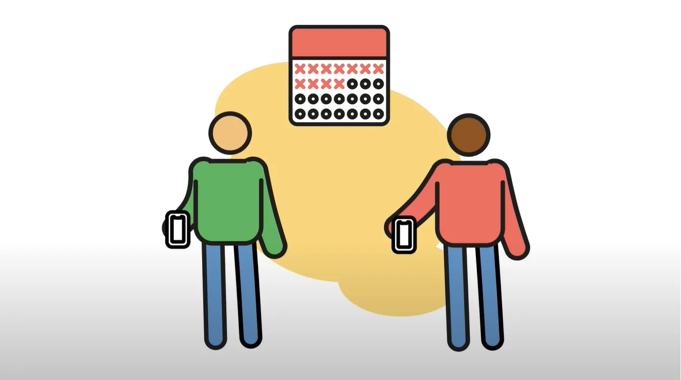 An illustration of two figures holding mobile phones, whilst a calendar is above them, marking off the days