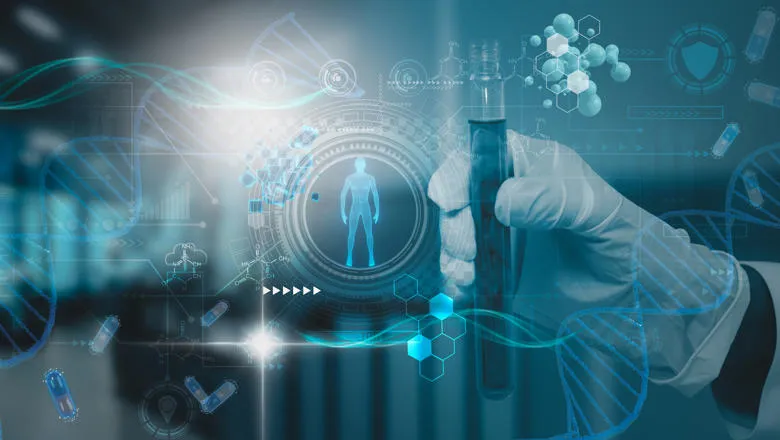 White glove holding a digital rendition of a person with other floating computer graphics