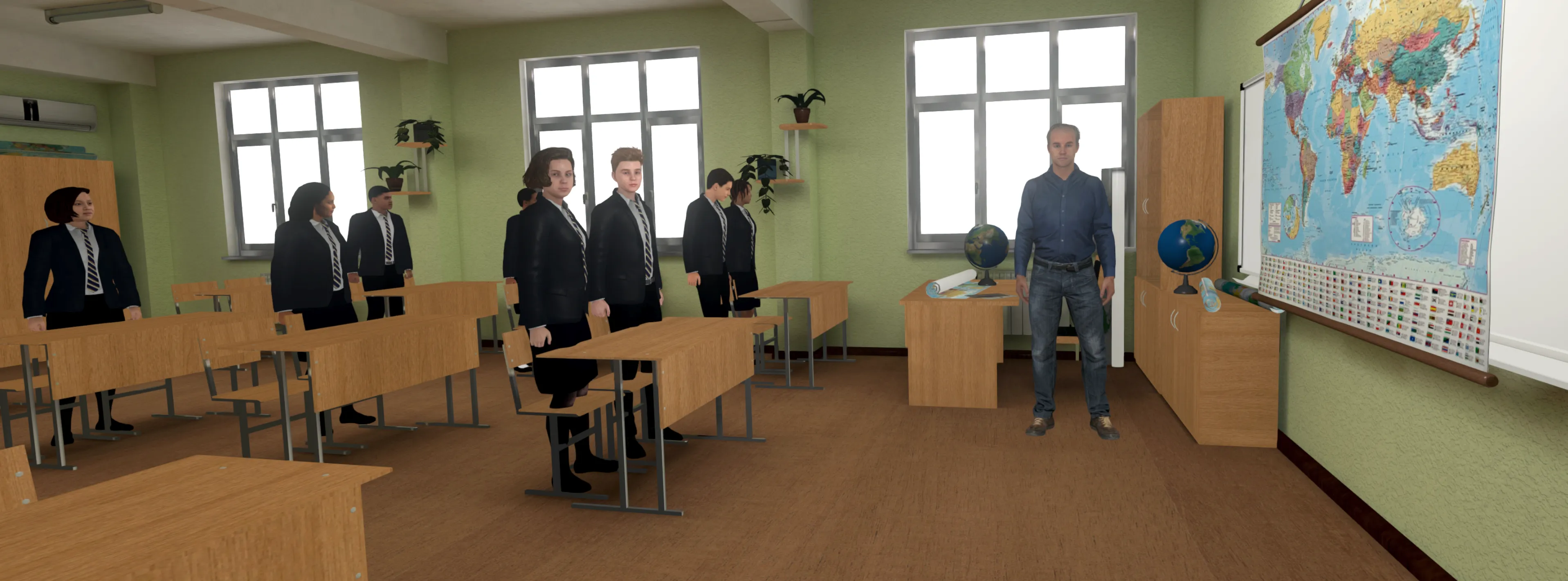 One of the VR CBT scenarios includes arriving to class with teacher and students all staring at you