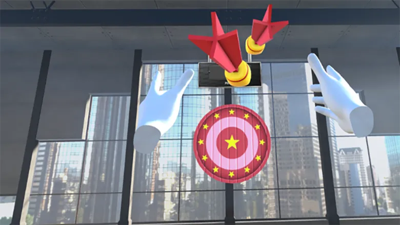 VR hands throwing darts at a board