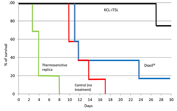 Kaplan-Meier curves for mice bearing one tumour receiving different doxorubicin liposomes