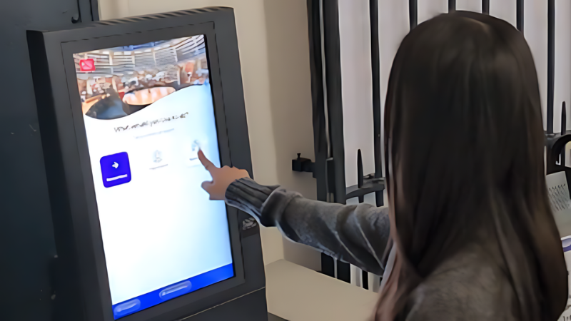 Student uses kiosk machine in library