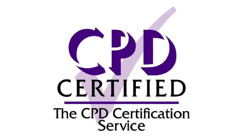 A pale purple tick on a white background behind text. The text CPD Certified is above a purple line and The CPD Certification Service below it.