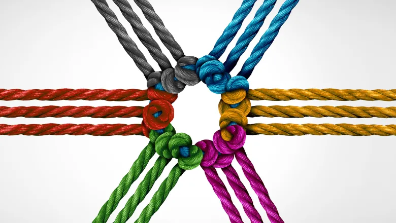 Image to accompany the third 2022/23 KJuris event. Image shows a symmetrical knot with coloured ropes.