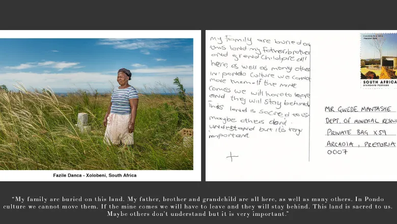 Postcard with an image of Xolobeni woman in South Africa standing in a grass field 