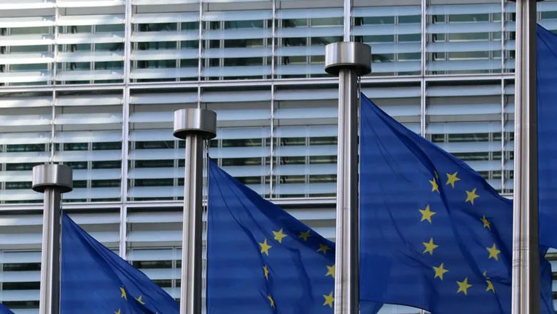 A row of European Union flags.