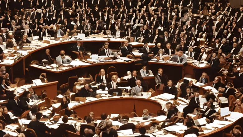Lots of people in an amphitheater with blurred out faces, for a conference.