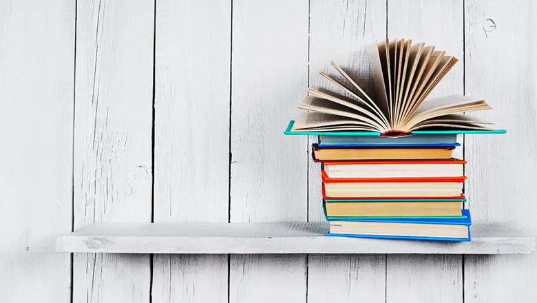Books on a shelf with a white wood panel wall behind it