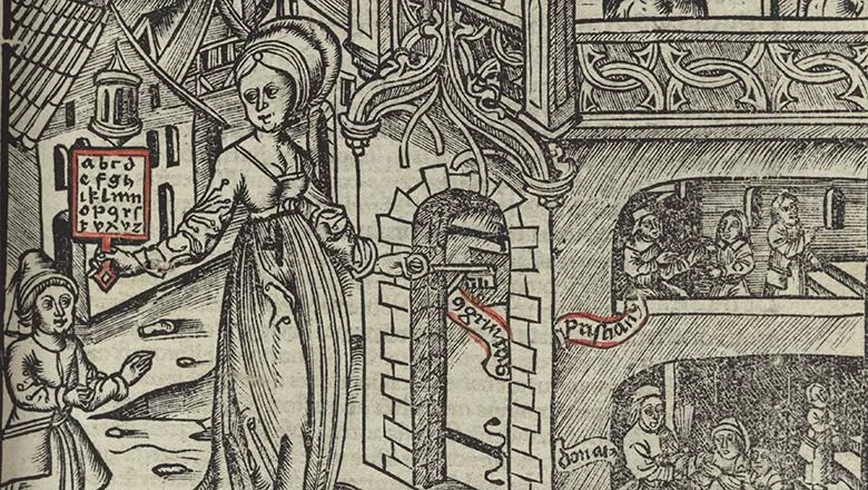 Part of a woodcut known as the Tower of Learning, showing a woman holding a key next to a tower. From Gregor Reisch. Margarita philosophica.1503