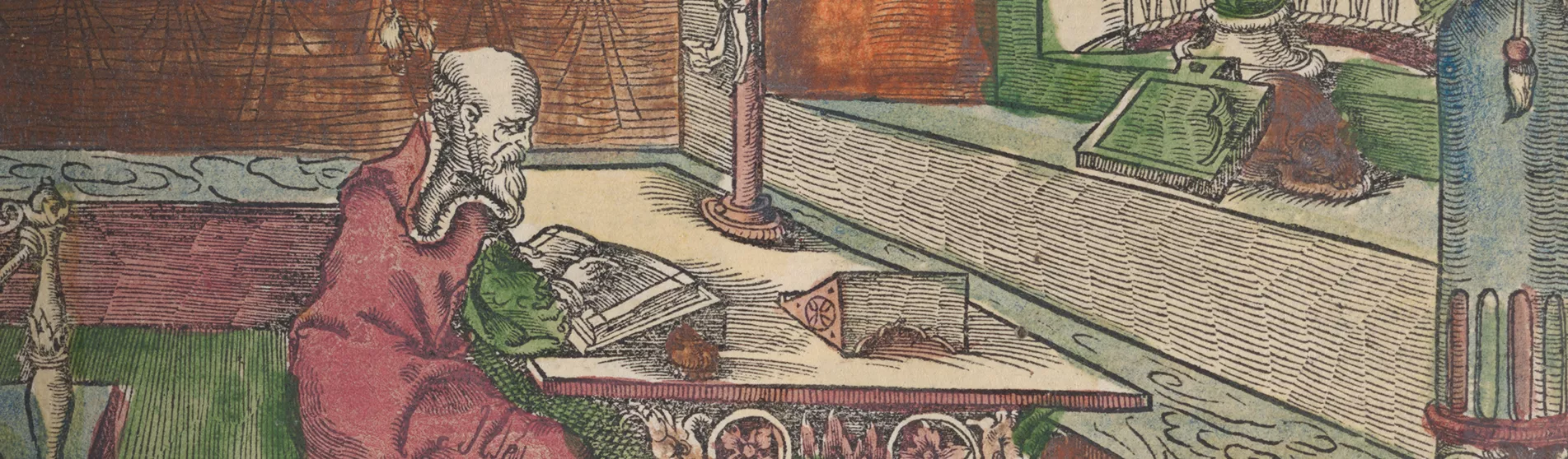 Hand-coloured woodcut of St Jerome in his study