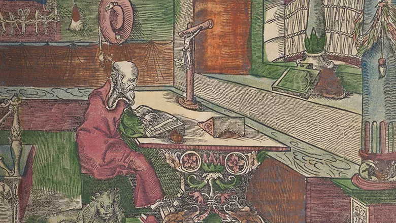 Hand-coloured woodcut of St Jerome in his study