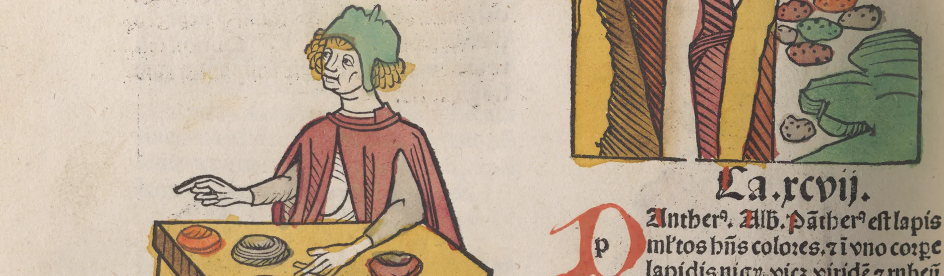 Hand-coloured woodcut showing an early alchemist from Hortus sanitatis, 1491