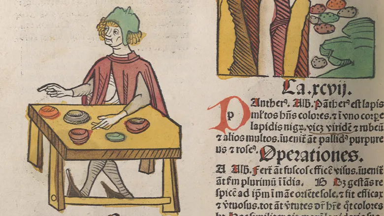 Hand-coloured woodcut showing an early alchemist from Hortus sanitatis, 1491