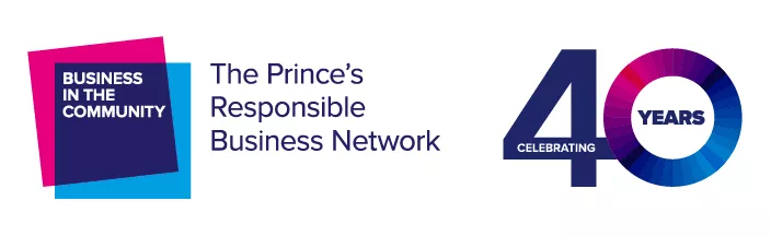 Two overlapping squares of pink and blue. Text in centre reads: Business in the Community. Text in the centre reads: The Prince's Responsible Business Network.  Giant  "40" on the right in multiple colours. 