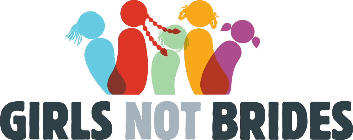 coloured outlines of girlish looking characters with 'girls not brides' written in block capitals underneath