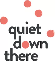Quiet Down There logo, black text with random red dots above it