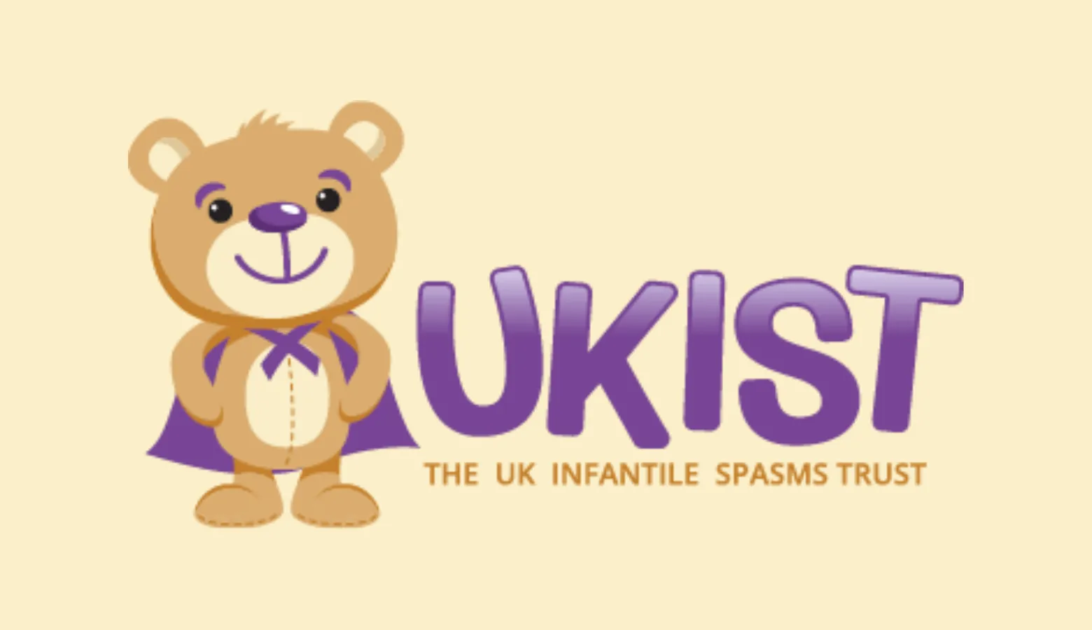 Pale yellow background with teddy cartoon and purple text "UKIST" and smaller orange text "The UK Infantile Spasms Trust"
