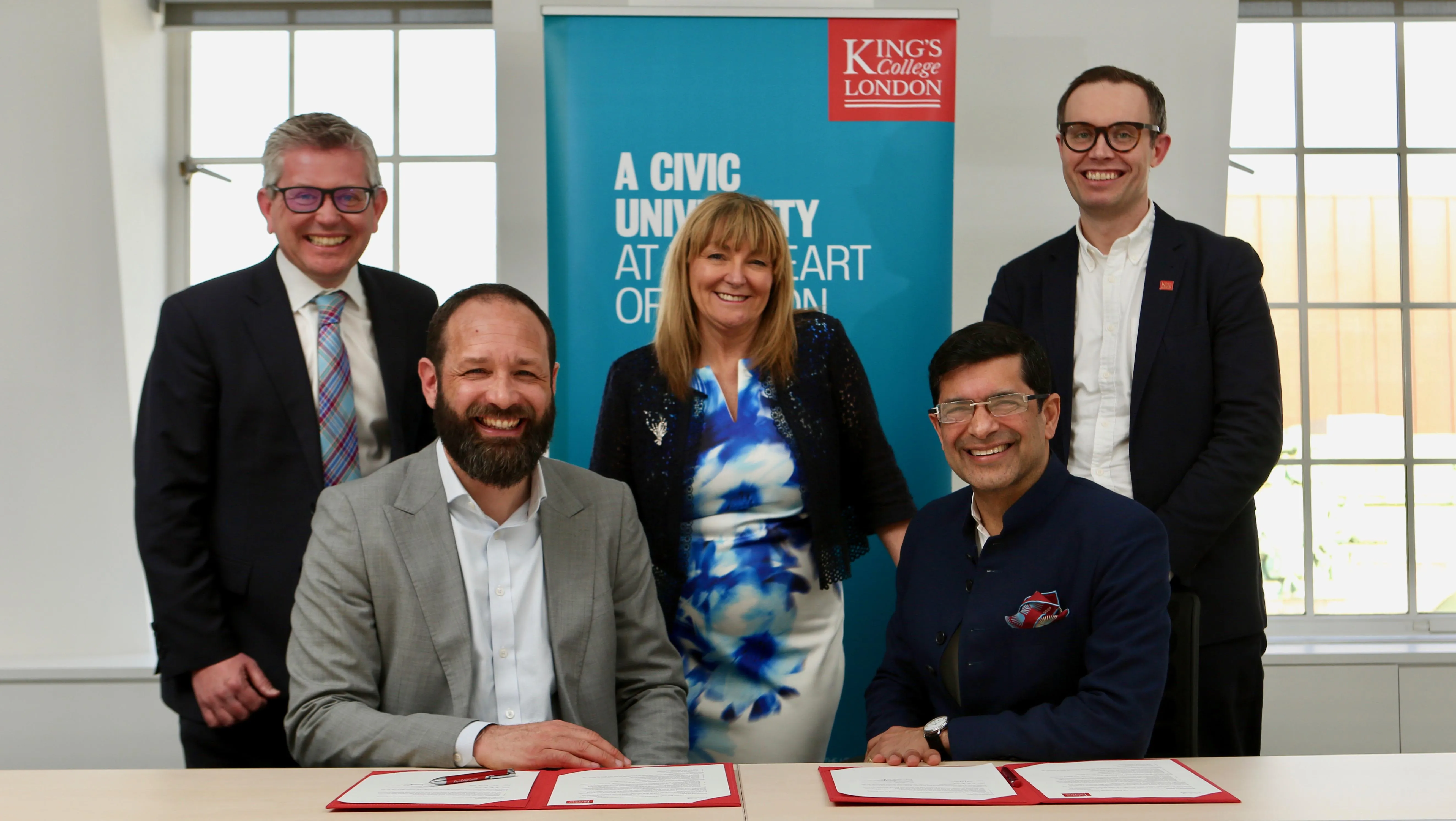 (L-R) Stephen Gaskell, Director of Strategy & Economy, Southwark Council; Cllr Kieron Williams, Leader, Southwark Council; Eleanor Kelly, Chief Executive, Southwark Council; Professor Shitij Kapur, President & Principal, King’s College London; Jim Collins, Director, London Strategy & Planning, King’s College London

