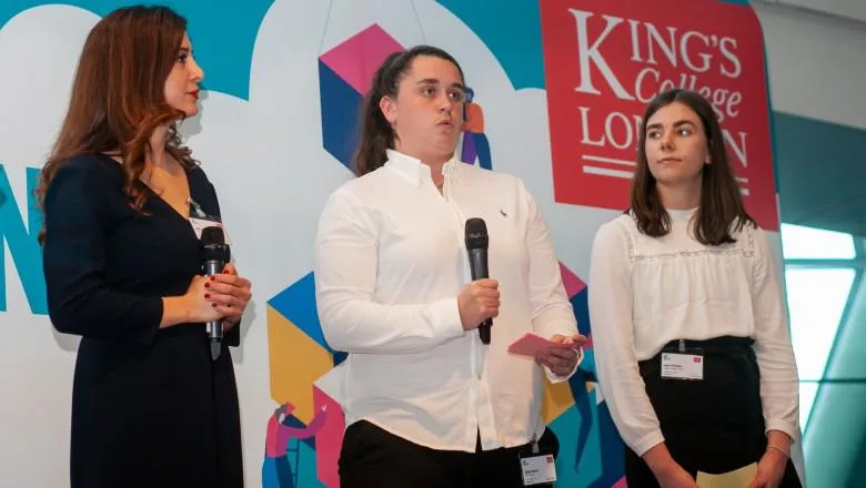 Laura and teammates from Girls United pitch to the judges at the King’s Civic Challenge Grand Final in early March 2020.