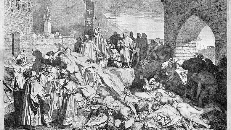 A black and white illustration of the 1348 Plague of Florence as described in Boccaccio's Decameron