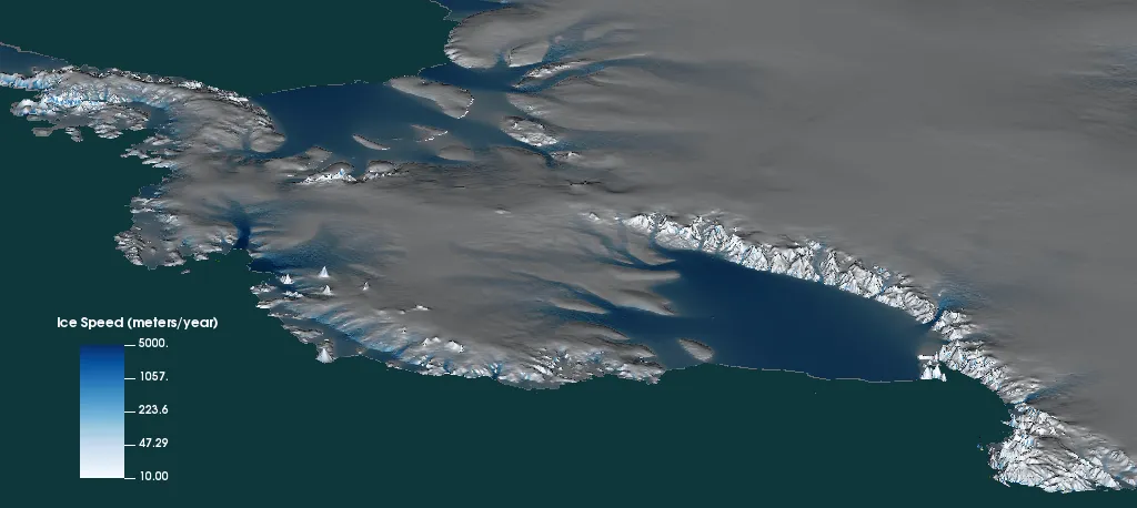 Antarctic simulation using the BISICLES ice sheet model, which has been developed in a collaboration between Berkeley Lab in the USA and the Universities of Bristol and Swansea in the UK. (http://bisicles.lbl.gov)
