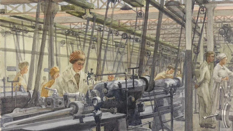 A painting of women working machinery