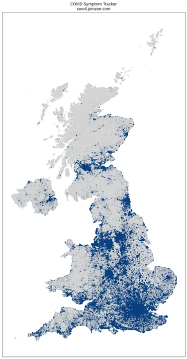 Geographic activity from those logging their symptoms - not a representation of those with COVID19.