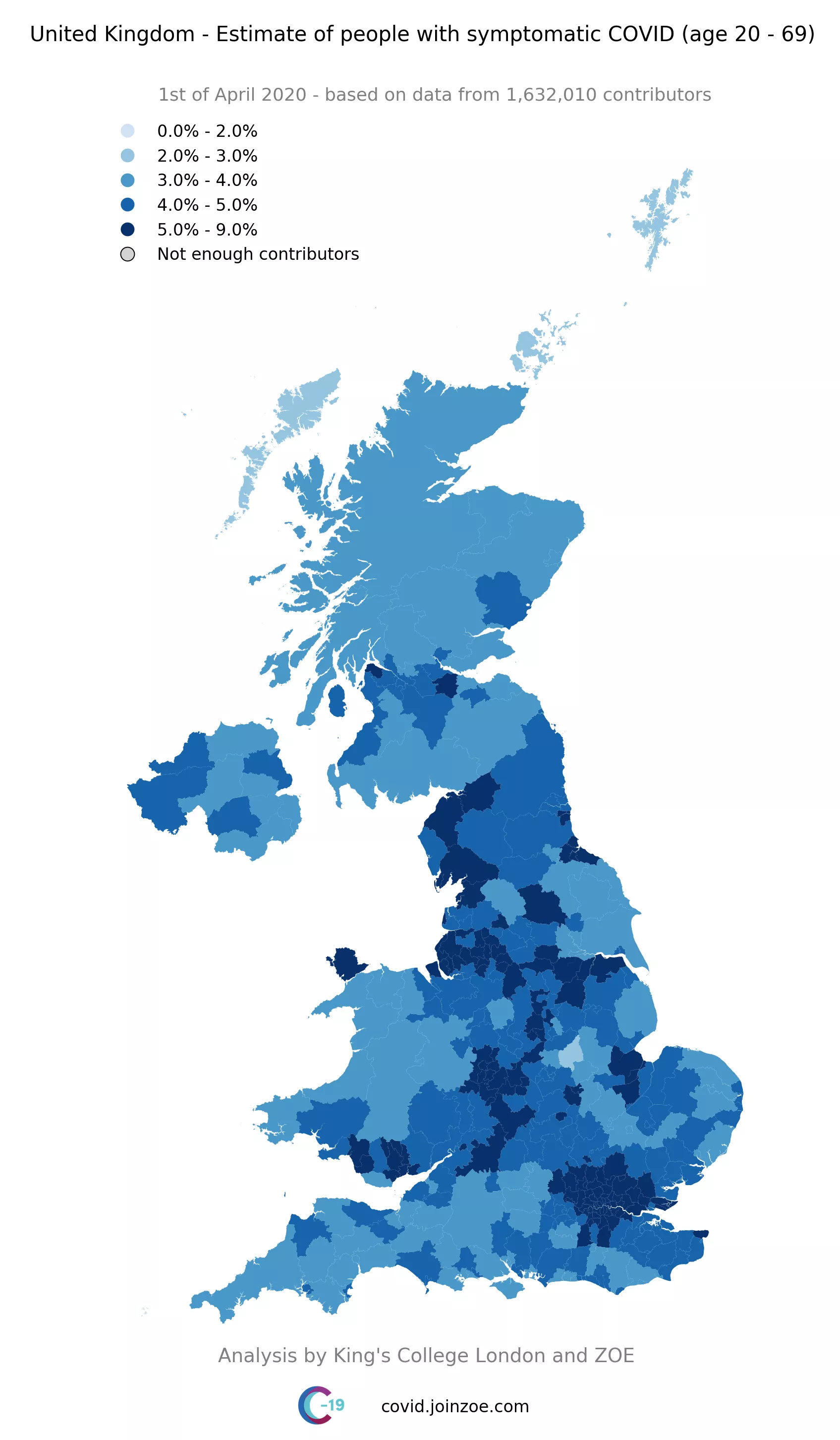 Map of symptomatic COVID cases from the COVID Symptom Tracker app