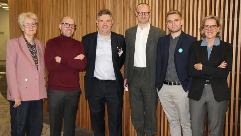 From left: Professor Barbara Taylor, Dr Michael Brown, Professor Arthur Burns, Mark Gatiss, Adam Penford and Professor Karin Wulf,