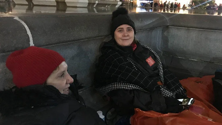 King's participants sleep out near a fountain in Trafalgar Square