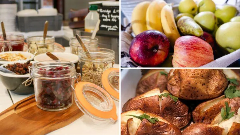 Three images make a collage, left side is porridge toppings (nuts, berries and oats) the right is split into two images with the top a fruit bowl and the bottom is Jacket potatoes