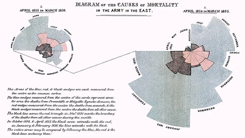 A Polar Area diagram charting deaths in the Crimean War