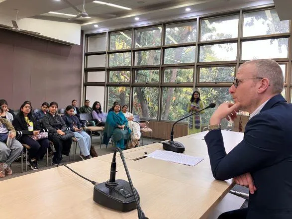 Professor Adam Fagan, Vice-President (Education & Student Success) speaking with prospective applicants, applicants and offer holders in New Delhi