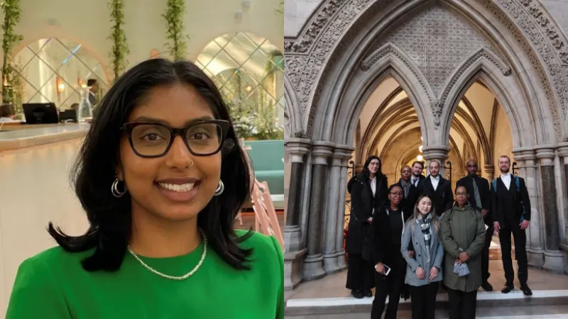 Sharessa Naidoo (left), Shaila Pal, King's WJC law students, Southwark Law Centre team and barristers at a court hearing (right).